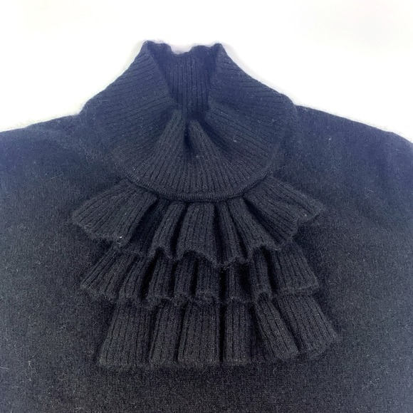 Elena Solano Womens Cashere Sweater Sz L Black Ruffle Front Mock Turtleneck SEE - Picture 1 of 14